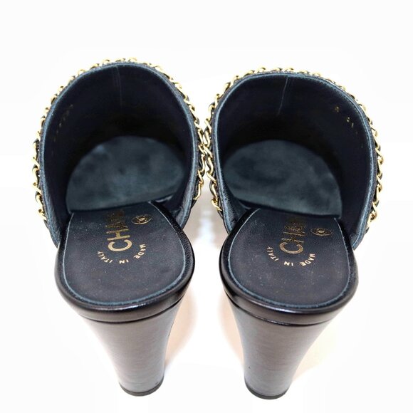 Chanel 38.5 2 Tone Leather Grosgrain Leather Mule Chain CC Detail Heel Boots - Picture 11 of 14